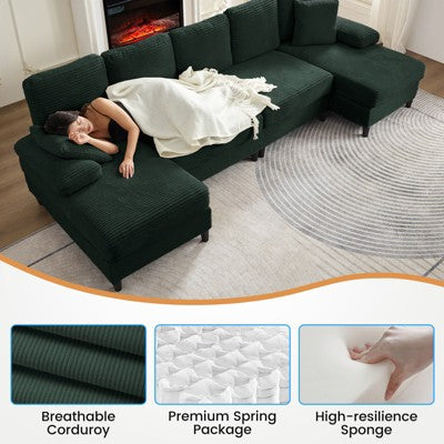 Mjkone 112" U Shaped Sectional Couches, Corduroy Sectional Sofa with Double Chaises and Sleepable Armrests, Large 4 Seater Sofa,Green (LOCAL PICKUP ONLY)