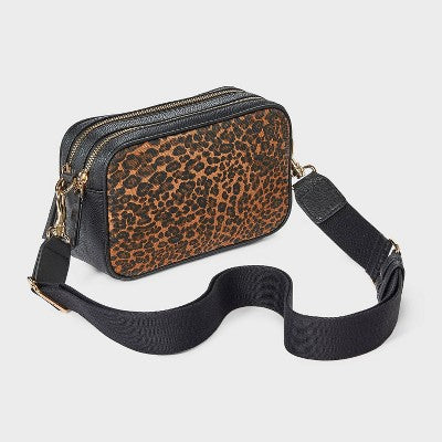 Double Zip Camera Leopard Print Crossbody Bag - Universal Thread Black/Brown