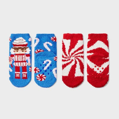 Toddler 2pk Candy Nutcracker Christmas Cozy Socks with Gift Card Holder - Wondershop Blue 2T-3T