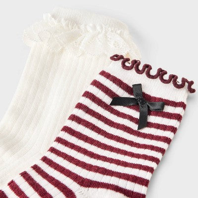 Women's Striped Waffle Knit 2pk Crew Socks with Bow Applique - Auden Berry/Ivory/Black 4-10