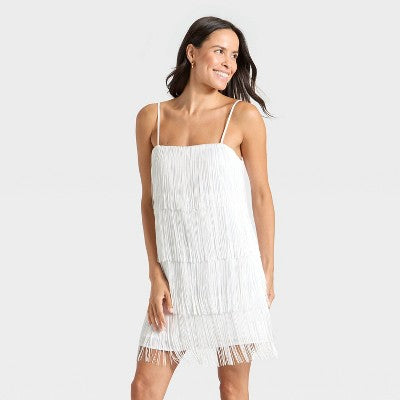 Women's Sleeveless Fringe Mini Dress - A New Day White S