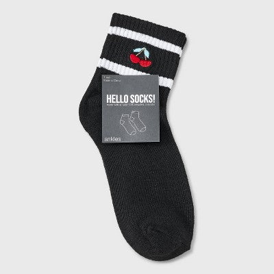 Women's Embroidered Cherries Ribbed Ankle Socks - Black 4-10