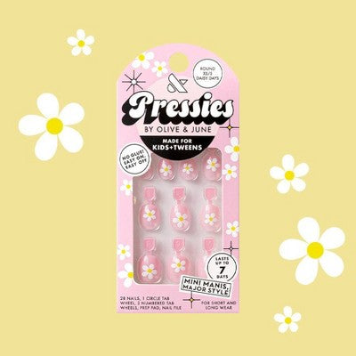 Olive & June Kids' Press-On - XS/S - Daisy Days - 28ct: Aged Brass Finish, Almond Shape, Gloss Finish