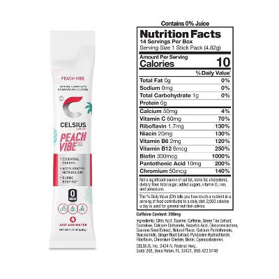 CELSIUS On The Go Powder Sticks Peach Vibe Essential Energy - 14pk Sticks