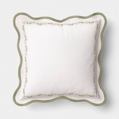 18''x18'' Woven Pillow with Embroidery and Scallop Ivory and Green - Threshold