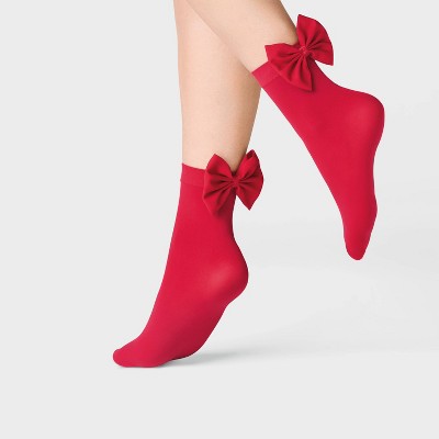 Women's Bow Opaque Anklet Socks - A New Day Red One Size