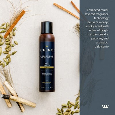 Cremo Deodorizing Body Spray - Palo Santo - 3.5 fl oz: Whole Body, Cardamom Scent, Body Sprays
