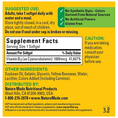 Nature Made Vitamin B12 1000mcg Convert Food into Cellular Energy Support Nervous System Softgels - Non Vegetarian