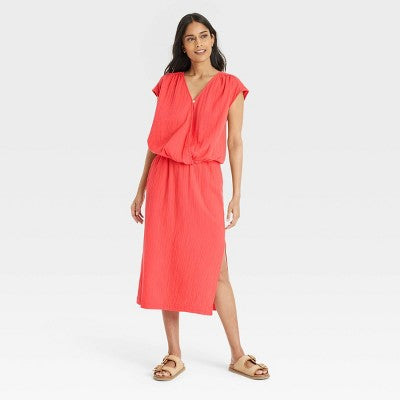 Women's Short Sleeve Blouse - Universal Thread Coral Red M