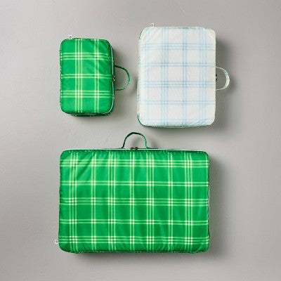 Tri-Stripe Plaid Packing Cubes Cream/Light Blue/Green (Set of 3) - Hearth & Hand with Magnolia: Travel Organizer, Zippered Polyester Cubes