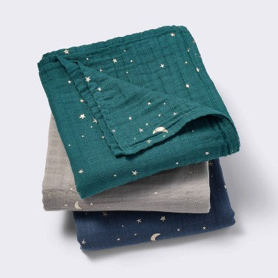 Muslin Swaddle Baby Blanket - Cool Metallic - 3pk - Cloud Island