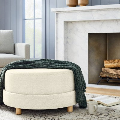 Wilmington Upholstered Round Ottoman Cream Boucle (KD) - Threshold designed with Studio McGee: Transitional Padded Bench, Wood Frame (LOCAL PICKUP ONLY)