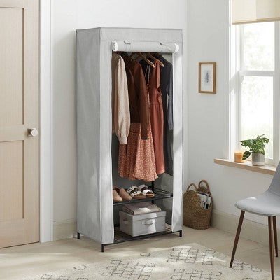 30" Double Rod Fabric Covered Wardrobe - Brightroom: Closet Organizer, Shoe Storage, Steel Frame, 2 Shelves, Gray (LOCAL PICKUP ONLY)