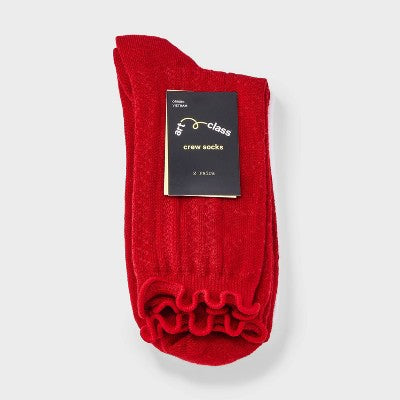 Girls' 2pk Ruffle Trim Pointelle Crew Socks  Red/White M