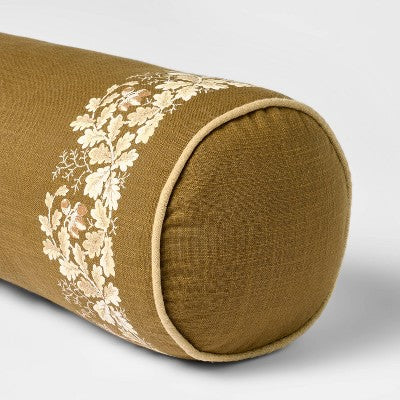 7"x18" Oak Leaf Printed Bolster with Piping Throw Pillow Olive - Threshold designed with Studio McGee
