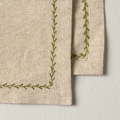 Set of 4 Embroidered Border Cloth Cocktail Napkins Natural/Green - Hearth & Hand with Magnolia