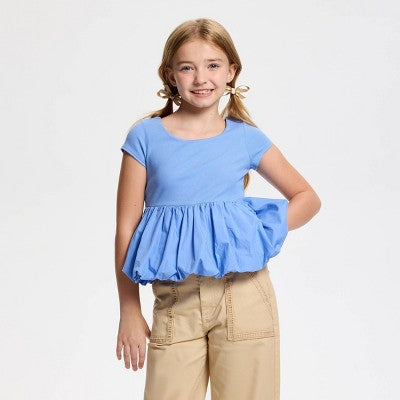 Owillo Girls' Short Sleeve Knit Bubble Hem Top - Blue XS