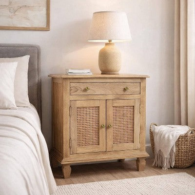 The Urban Port 30" Nightstand Table Rattan Cabinet Doors and Drawer Fronts Sandblasted Brown Mango Wood Brown (LOCAL PICKUP ONLY)