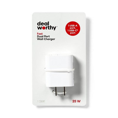 Dual Port 25W USB-A and USB-C Wall Charger - dealworthy White: Quick Charge, Surge Protection