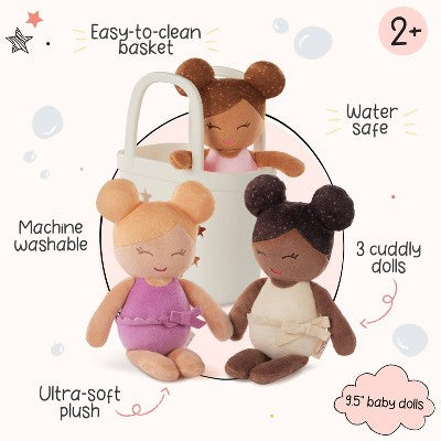 LullaBaby Bathtime Set with 3 Plush Bath Dolls for Real Water Play