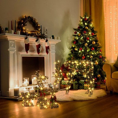 LuxenHome Set of 3 Deer Family Lighted Holiday Decoration Brown