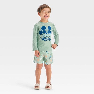 Toddler Boys' Mickey Mouse Palm Tree Rashguard Swim Set Green 5T