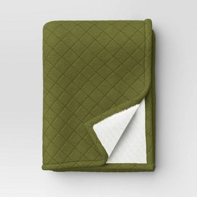 Quilted Jersey Throw Blanket with Faux Shearling Reverse Heathered Olive - Room Essentials