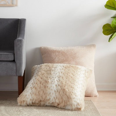 Oversized Faux Rabbit Fur Square Throw Pillow Neutral - Threshold: Cozy Decorative Cushion for Indoor Use (LOCAL PICKUP ONLY)