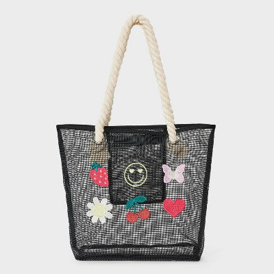 Girls' Mesh with Icons Swim Tote - art class Black: Softside Handbag, Double Handle, Fruit & Animal Patterns