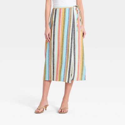 Women's Linen Midi Wrap Skirt - A New Day Cream Striped L