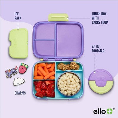 Ello Benni Kids Insulated Bento Lunch Box with Leakproof Thermos, 4 Compartments, Hot/Cold Compatible - Purple: Polypropylene Container, TPE Lid