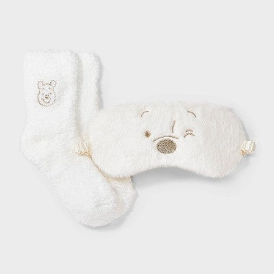 Women's Winnie The Pooh Embroidered Faux Fur 3pk Cozy Gift Set with Reusable Pouch, Cozy Socks and Eye Mask - Ivory/Gold 4-10
