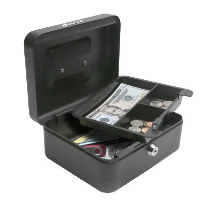 First Alert Cash Box: Steel Security Safe, Black Key Lockbox with Removable Tray, Money Safe for Cash & Valuables