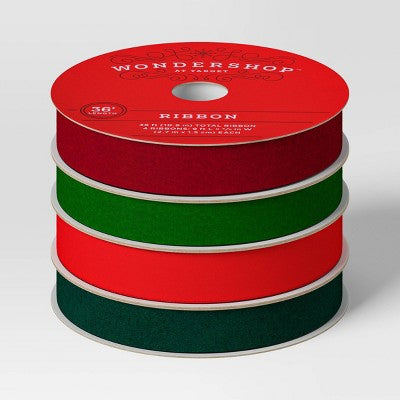 4 pk Christmas Velvet Ribbon Gift Packaging Accessories Red/Green - Wondershop