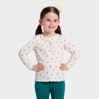 Toddler Girls' Long Sleeve Ribbed T-Shirt - Cat & Jack Cream 3T