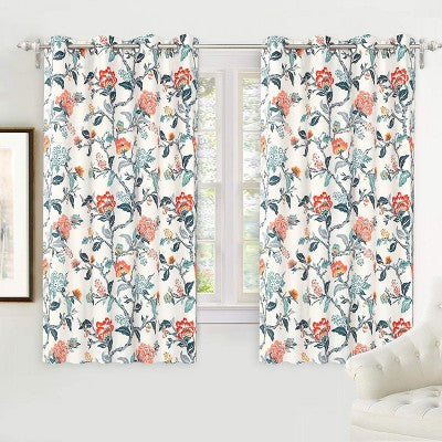 DriftAway Ada Floral Botanical Print Flower Leaf Lined Thermal Insulated Blackout Window Curtains Orange Teal 52X54