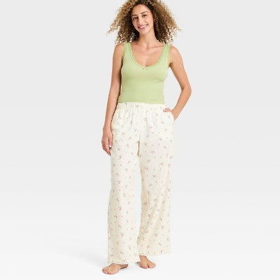 Women's Lace Trim Flannel Pajama Pants -Cream Floral XXS