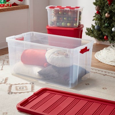 50gal Clear Stacker Box - Clear Base Rocket Red Lid and Latch - Brightroom: Portable Plastic Utility Storage Tubs, 50 Volume (LOCAL PICKUP ONLY)