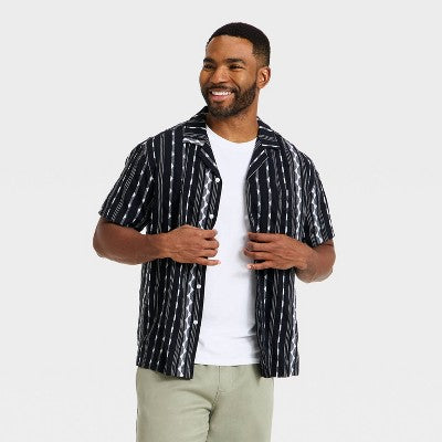 Men's Short Sleeve Camp Shirt - Goodfellow & Co Black Striped S