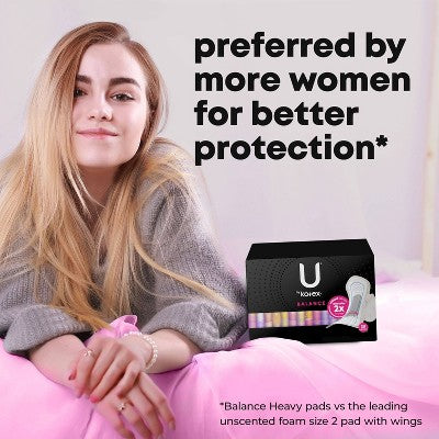 U by Kotex Balance Ultra Thin Extra Heavy Overnight Pads with Wings - Unscented - 90ct