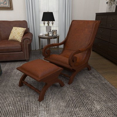 Traditional Teak Wood Accent Chair with Arms and Ottoman Brown - Olivia & May: Leather Upholstered, No Assembly Required (LOCAL PICKUP ONLY)