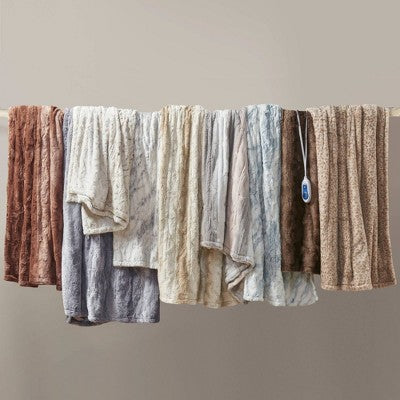 Beautyrest Marselle 50"x70" Oversized Faux Fur Electric Heated Throw Blanket Gray/Blue: Oversized, Machine Washable