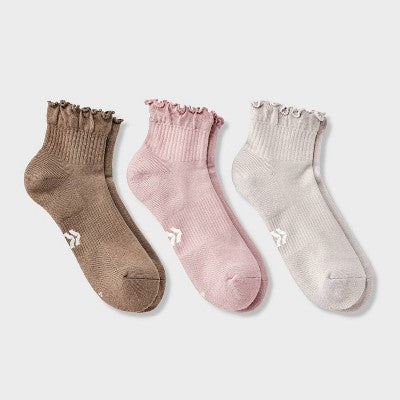 Women's Cushioned Ruffle 3pk Ankle Socks - All In Motion Pink/Gray/Brown 4-10: Arch Support, Knit