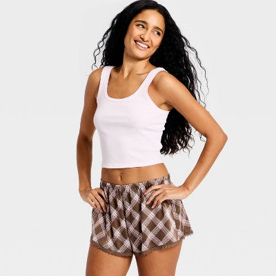 Women's Satin Boxer Pajama Shorts - Wild Fable Brown Plaid XXS