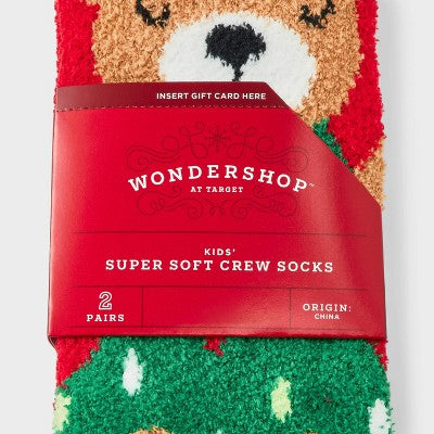 Kids' 2pk Christmas Tree Teddy Bear Cozy Crew Socks with Gift Card Holder - Wondershop Red XS/S