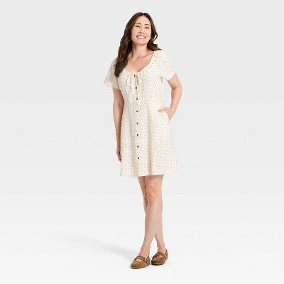 Women's Button-Front Mini Sundress - Cream Floral S