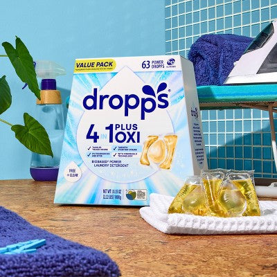 Dropps Laundry 4-in-1 Plus Oxi Power Biobased Detergent Pods - Free & Clear - 63ct