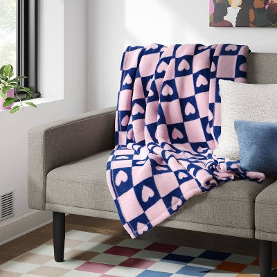 Recycled Poly Printed Heart Check Plush Throw Pink/Blue - Room Essentials