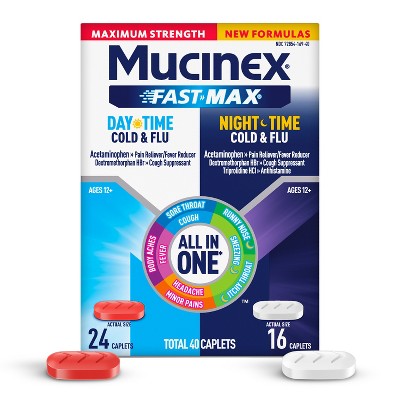 Mucinex Maximum Strength FAST-MAX Daytime & Nighttime - Cold & Flu Caplets - 40ct: Cough Suppressant, Pain Relief