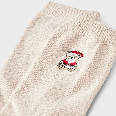 Girls' Embroidered Christmas Teddy Bear Sweater Crew Socks - Cat & Jack Oatmeal L